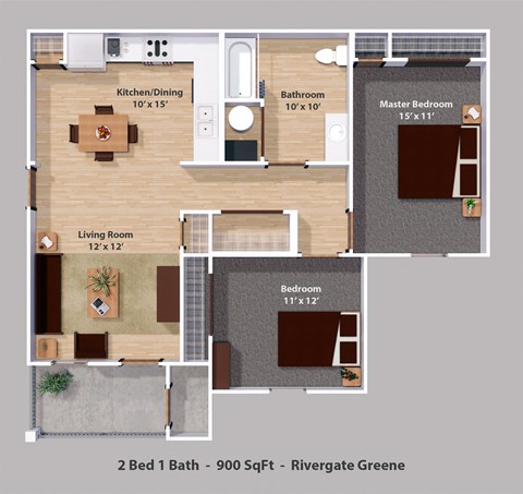 Floor plan for 2 beds, 1 bath, 900 sqft